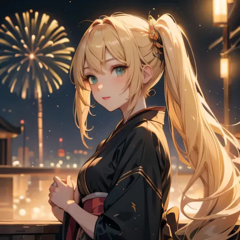 layla , kimono night in firework , blonde hair, pigtailed haired , long hair , green eyes