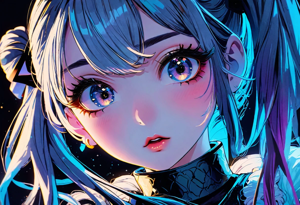 a girl with twintails, messy brush outlines, intricate detailed facial features, beautiful eyes, beautiful lips, extremely detailed face, long eyelashes, fantasy, digital art, highly detailed, masterpiece, 8k, photorealistic, vivid colors, dramatic lighting, dramatic shadows, glowing effects, mystical, ethereal, moody, cinematic, concept art