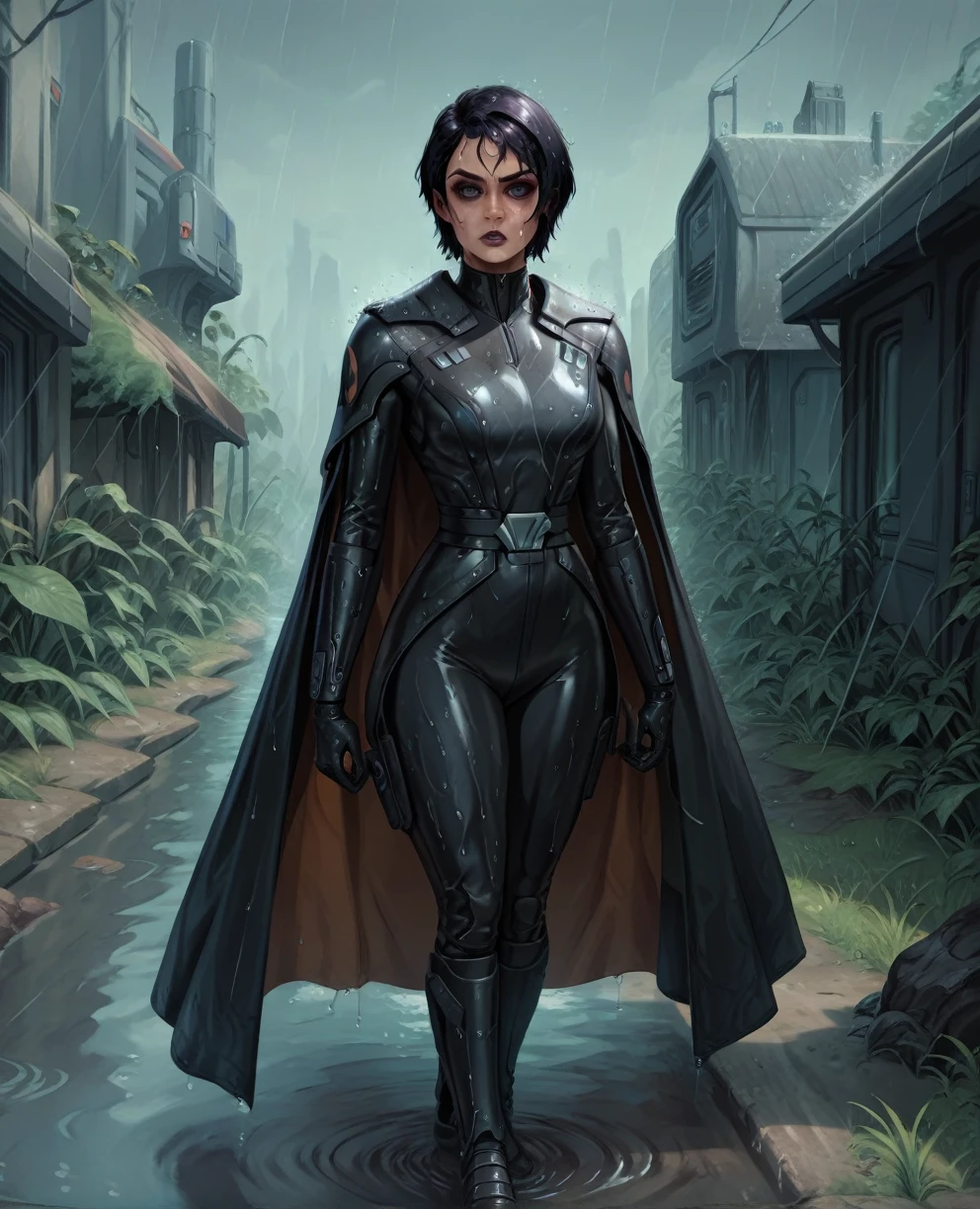 score_9,score_8_up,score_7_up,score_6_up, Black woman sabine wren ,,black hair, FULL body, wet, armor,gloves,black bodysuit,black cape,belt,rain, science fiction,sith base, star wars, outdoors, rain, solo,fflixbag wearing armor sabine wren
