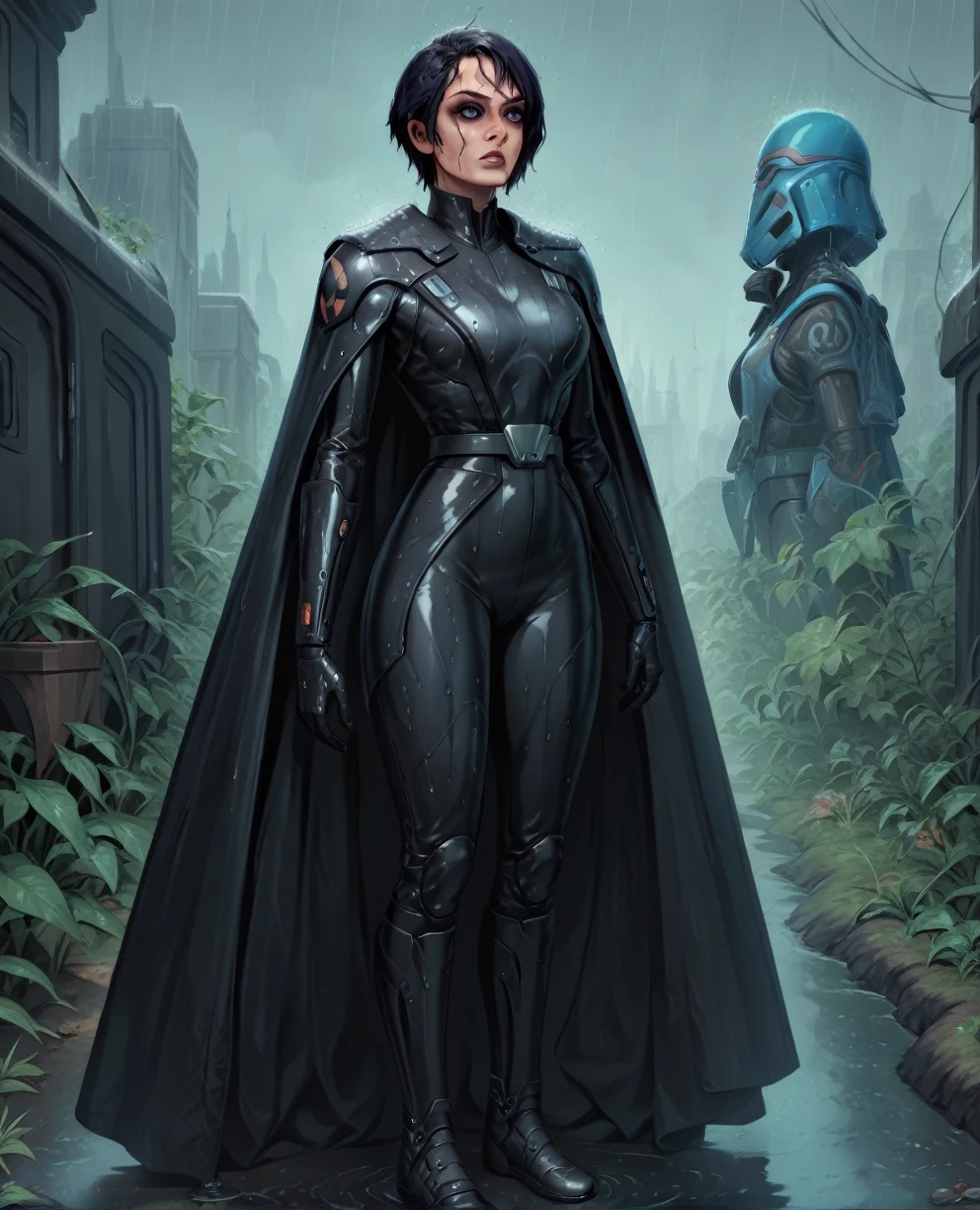 score_9,score_8_up,score_7_up,score_6_up, Black woman sabine wren ,,black hair, FULL body, wet, armor,gloves,black bodysuit,black cape,belt,rain, science fiction,sith base, star wars, outdoors, rain, solo,fflixbag wearing armor sabine wren
