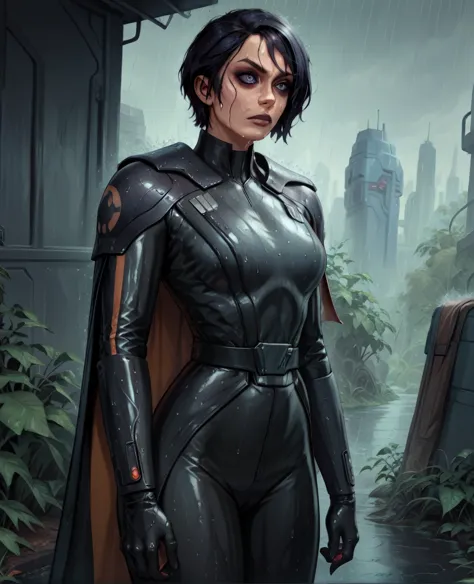 score_9,score_8_up,score_7_up,score_6_up, black woman sabine wren ,,black hair, full body, wet, armor,gloves,black bodysuit,blac...