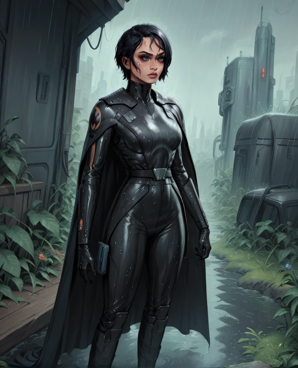 score_9,score_8_up,score_7_up,score_6_up, Black woman sabine wren ,,black hair, FULL body, wet, armor,gloves,black bodysuit,black cape,belt,rain, science fiction,sith base, star wars, outdoors, rain, solo,fflixbag wearing armor sabine wren
