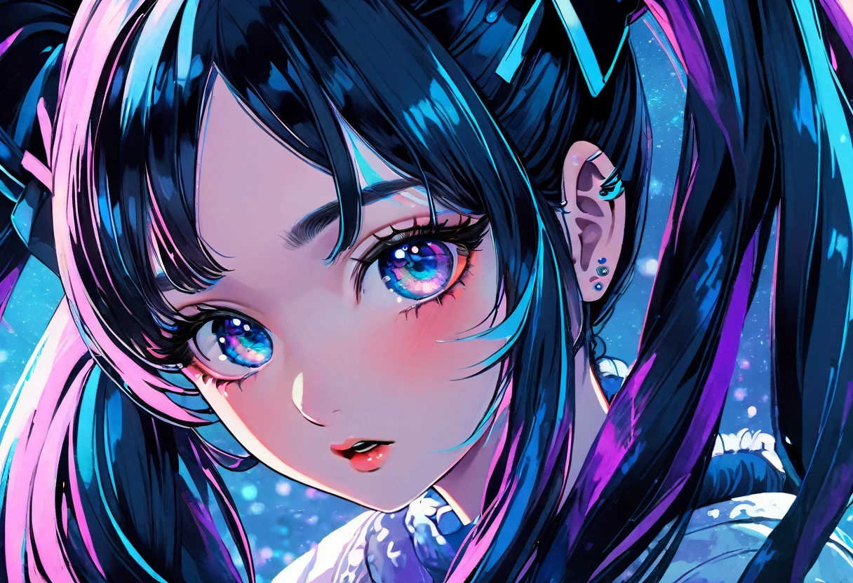 a girl with (twintails:1.6), messy brush outlines, intricate detailed facial features, beautiful eyes, beautiful lips, extremely detailed face, long eyelashes, fantasy, digital art, highly detailed, masterpiece, 8k, photorealistic, vivid colors, dramatic lighting, dramatic shadows, glowing effects, mystical, ethereal, moody, cinematic, concept art