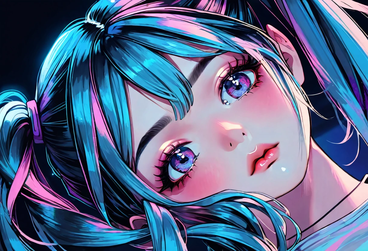 a girl with (twintails:1.6), messy brush outlines, intricate detailed facial features, beautiful eyes, beautiful lips, extremely detailed face, long eyelashes, fantasy, digital art, highly detailed, masterpiece, 8k, photorealistic, vivid colors, dramatic lighting, dramatic shadows, glowing effects, mystical, ethereal, moody, cinematic, concept art