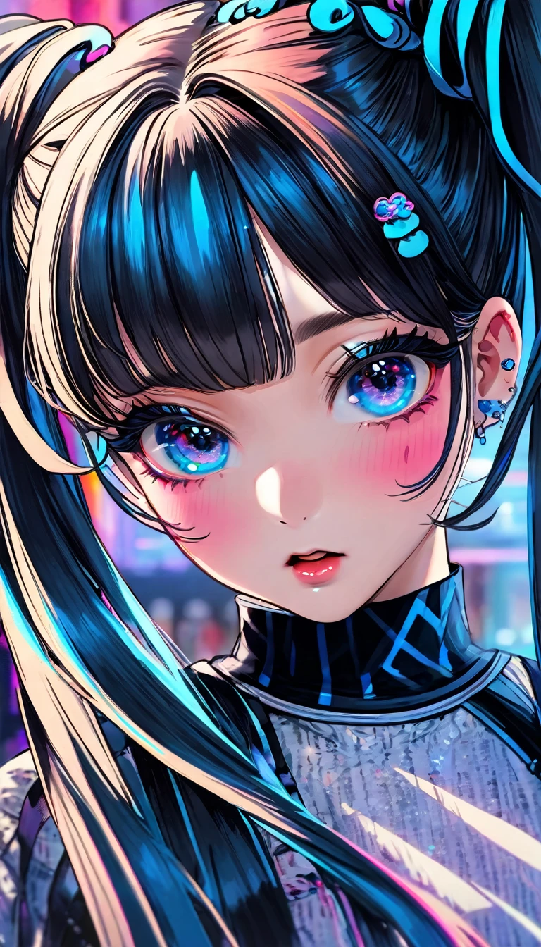 a girl with (twintails:1.6), messy brush outlines, intricate detailed facial features, beautiful eyes, beautiful lips, extremely detailed face, long eyelashes, fantasy, digital art, highly detailed, masterpiece, 8k, photorealistic, vivid colors, dramatic lighting, dramatic shadows, glowing effects, mystical, ethereal, moody, cinematic, concept art