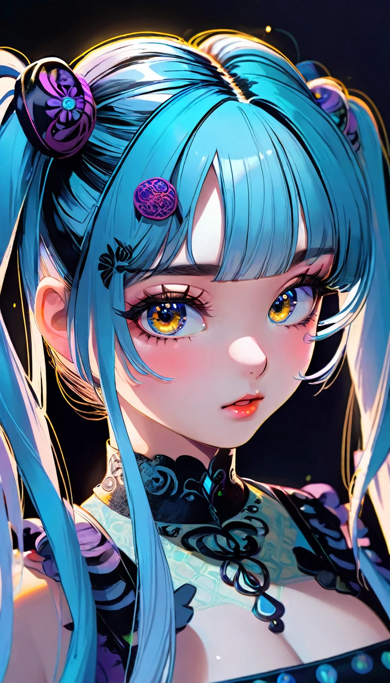 a girl with (twintails:1.6), messy brush outlines, intricate detailed facial features, beautiful eyes, beautiful lips, extremely detailed face, long eyelashes, fantasy, digital art, highly detailed, masterpiece, 8k, photorealistic, vivid colors, dramatic lighting, dramatic shadows, glowing effects, mystical, ethereal, moody, cinematic, concept art