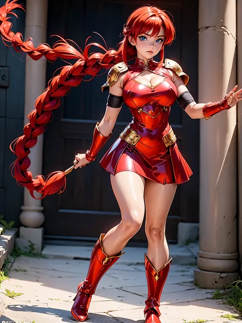 Redhead anime girl with red metallic armor, 16 yrs old, Body cute, breasts big, posture of fight, Combat posture, sexy girl, red...