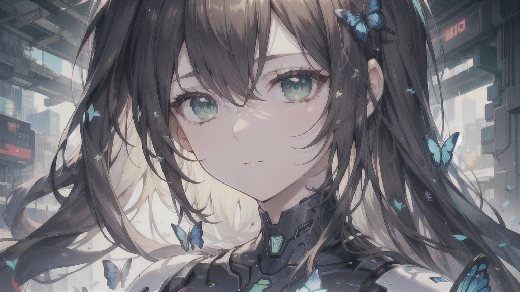 (masterpiece), best quality, ultra high res, sharp focus, natural lightning, medium close-up, mls, a beautiful robot humanoid woman surrounded by butterflies with circuit patterns, beautiful green eyes, amaze face, brunette long wavy hair, in the cyberpunk city