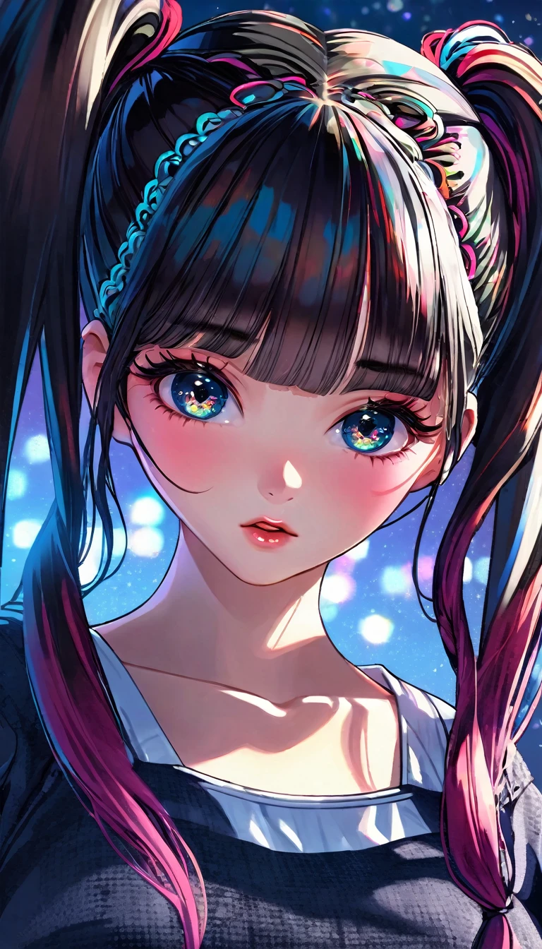 hilf body. a girl with (twintails:1.6), messy brush outlines, intricate detailed facial features, beautiful eyes, beautiful lips, extremely detailed face, long eyelashes, fantasy, digital art, highly detailed, masterpiece, 8k, photorealistic, vivid colors, dramatic lighting, dramatic shadows, glowing effects, mystical, ethereal, moody, cinematic, concept art