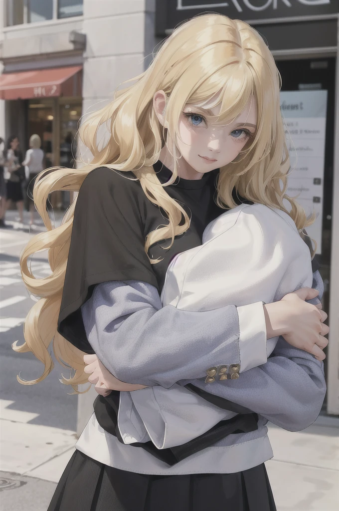 absurdres, best quality, 1girl, solo, looking at viewer, eye focus,  LucoaDM, CasualCL, 2girls,blonde hair,black hair,skirt,shirts,curly hair,straight hair,hugging blonde girl