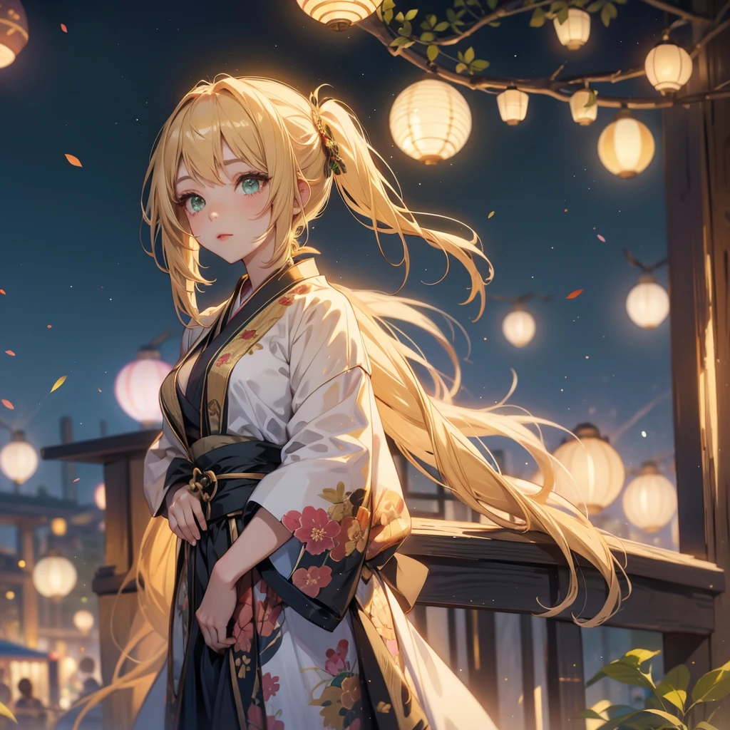 Layla , kimono night in firework , blonde hair, pigtailed haired , long hair , green eyes