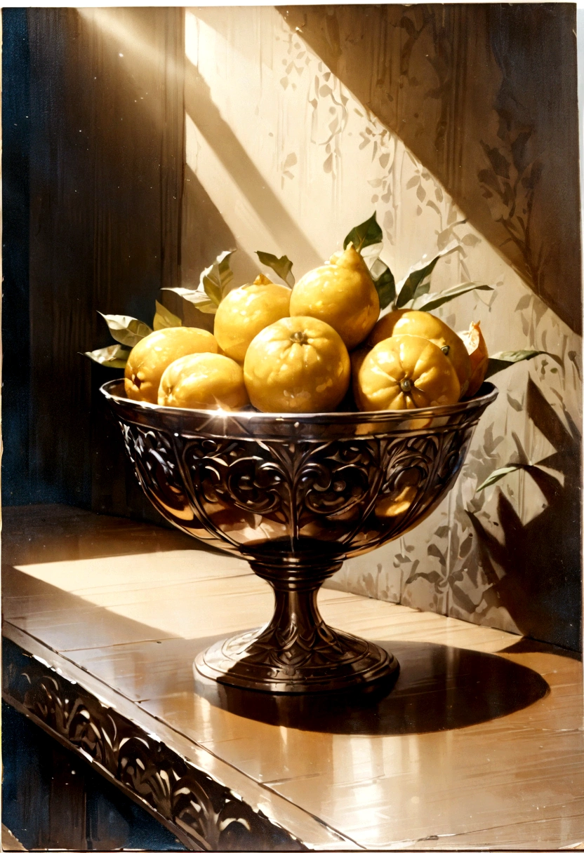 photorealistic ultra detailed painting of golden ripe sicilian lemons, glass bowl, sunlight, natural lighting, vibrant colors, high contrast, 4k, 8k, depth of field, soft shadows, photorealistic, hyper-realistic, (best quality,4k,8k,highres,masterpiece:1.2),ultra-detailed,(realistic,photorealistic,photo-realistic:1.37)