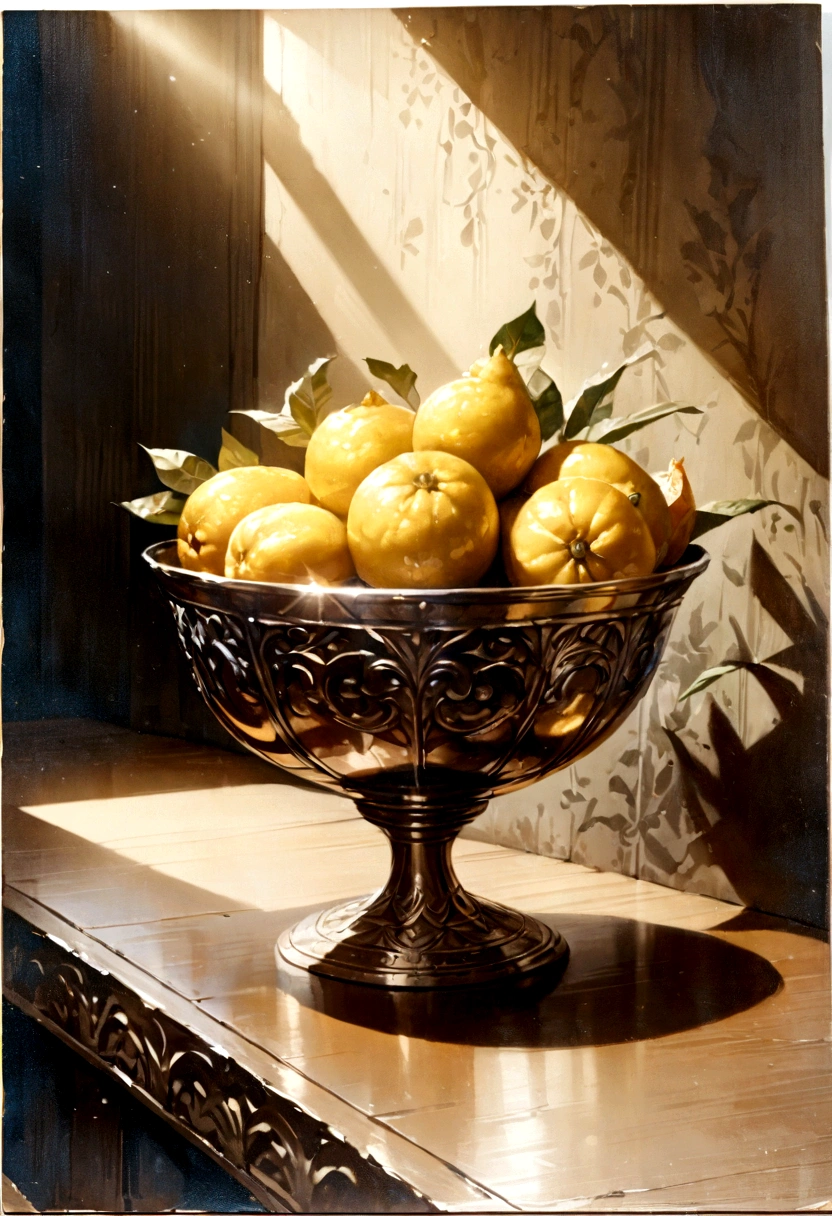 photoRealista ultra detailed painting of golden ripe sicilian lemons, tazón de vidrio, luz de sol, iluminación natural, Colores vibrantes, alto contraste, 4k, 8K, profundidad de campo, sombras suaves, photoRealista, hyper-Realista, (mejor calidad,4k,8K,alta resolución,obra maestra:1.2),ultra detallado,(Realista,photoRealista,photo-Realista:1.37)