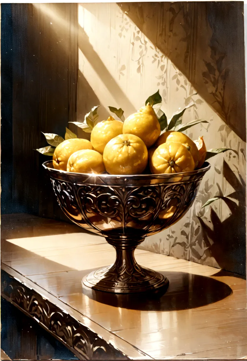 photorealistic ultra detailed painting of golden ripe sicilian lemons, glass bowl, sunlight, natural lighting, vibrant colors, h...