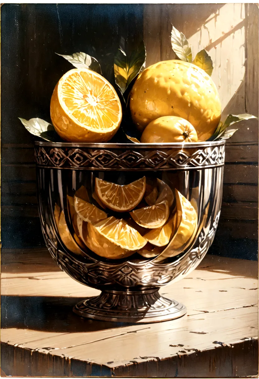 photorealistic ultra detailed painting of golden ripe sicilian lemons, glass bowl, sunlight, natural lighting, vibrant colors, h...