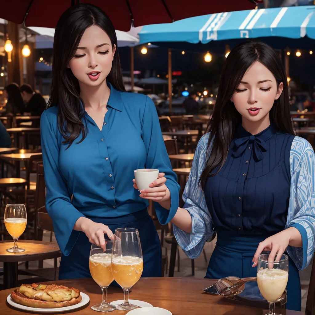 A woman with eyes tightly closed and mouth half-open, sticking her tongue out, as if she has taken something she disliked, in an outdoor cafe setting, wearing a long-sleeved blouse and blue pants, detailed portrait, photorealistic, highly detailed, cinematic lighting, dramatic composition, vibrant colors, warm tones