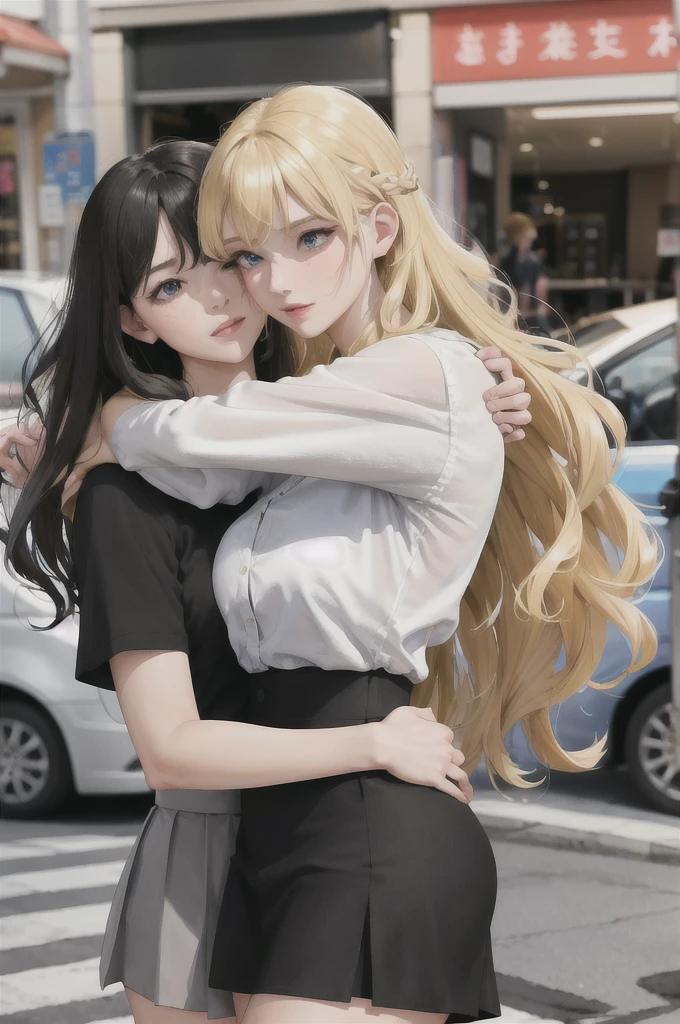 absurdres, best quality, 1girl, solo,  eye focus,  LucoaDM, CasualCL, 2girls,blonde hair,black hair,skirt,shirts,curly hair,straight hair,hugging blonde girl