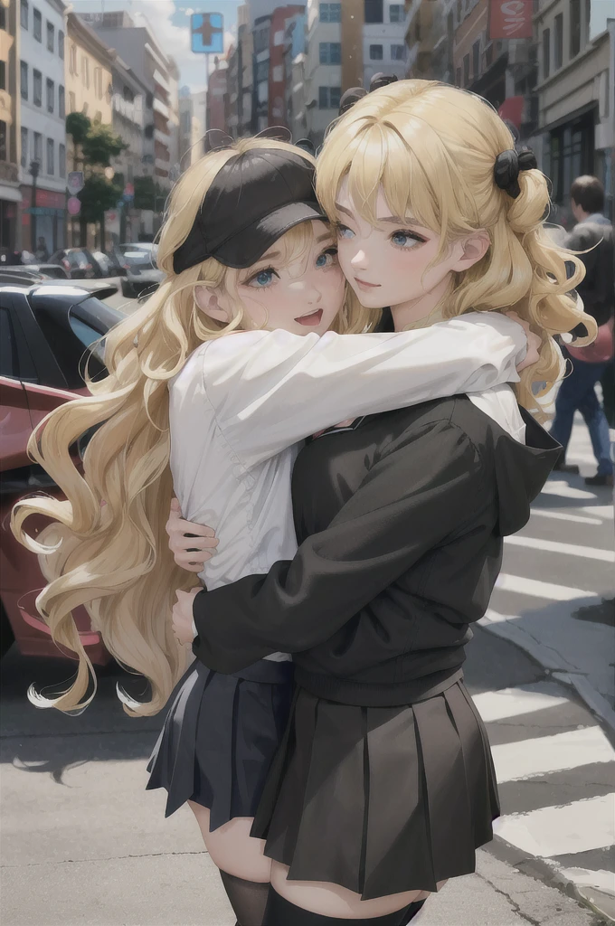 absurdres, best quality, 1girl, solo,  eye focus,  LucoaDM, CasualCL, 2girls,blonde hair,black hair,skirt,shirts,curly hair,straight hair,hugging blonde girl