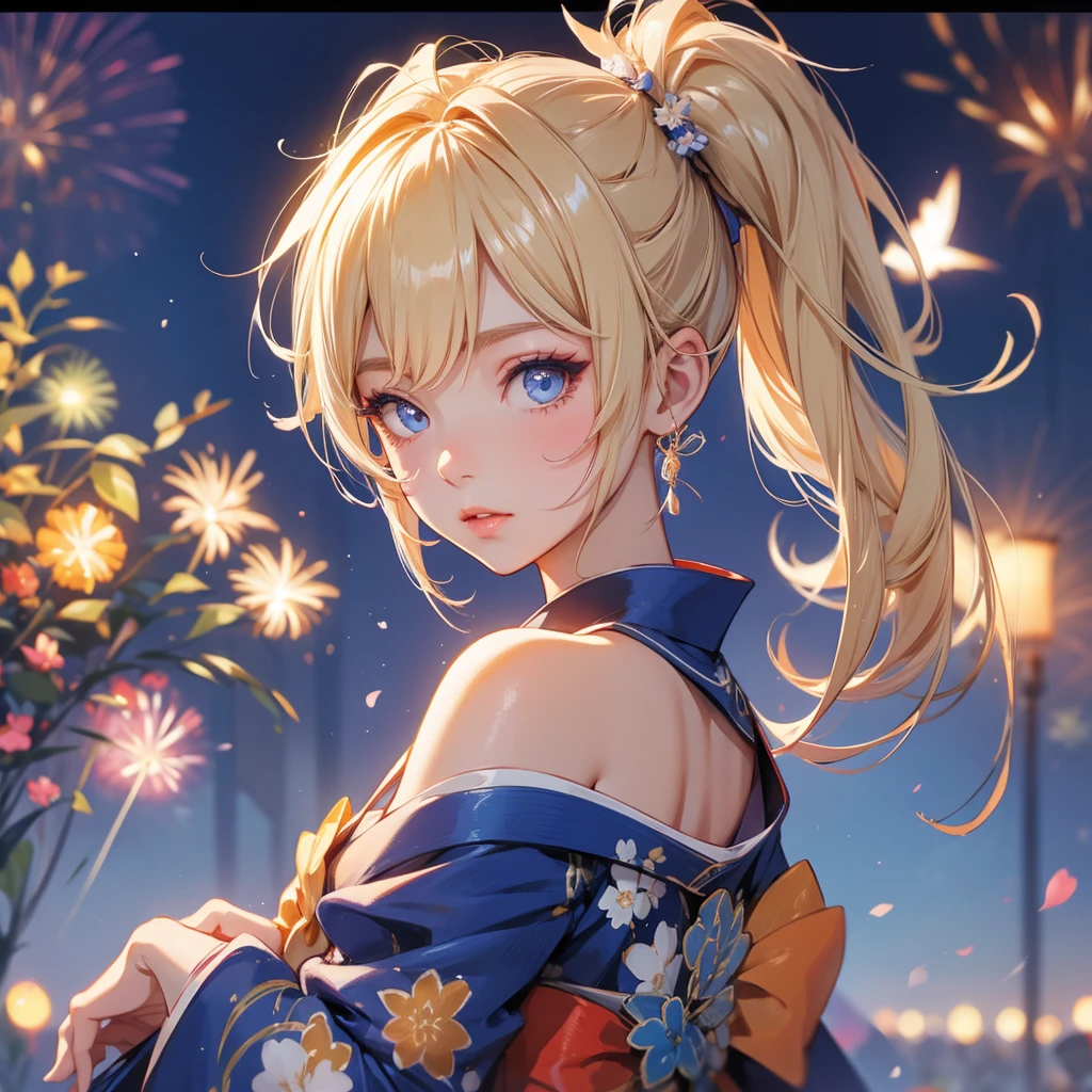 Barbara, kimono night in firework , blonde hair, pigtailed haired , blue eyes