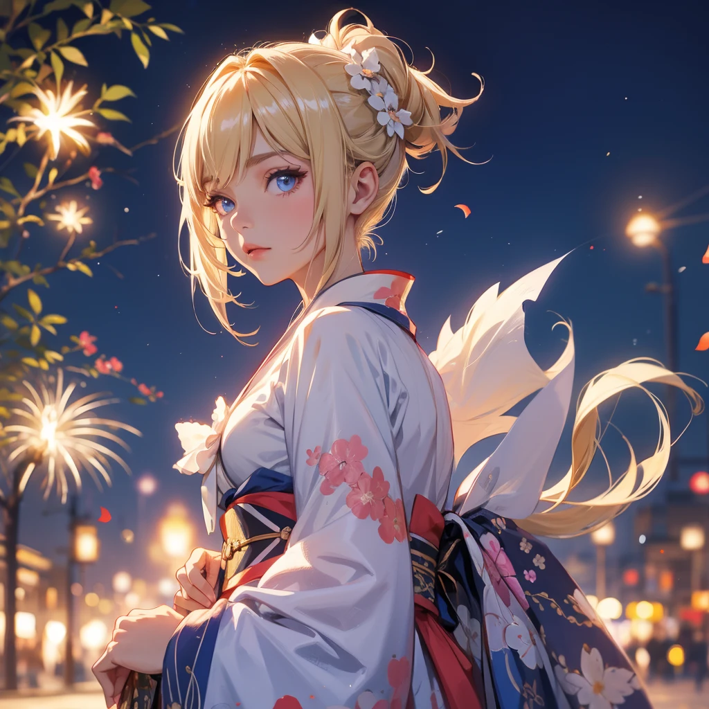 Bárbara, noche de kimono en fuegos artificiales , pelo rubio, pelo trenzado , blue eyes