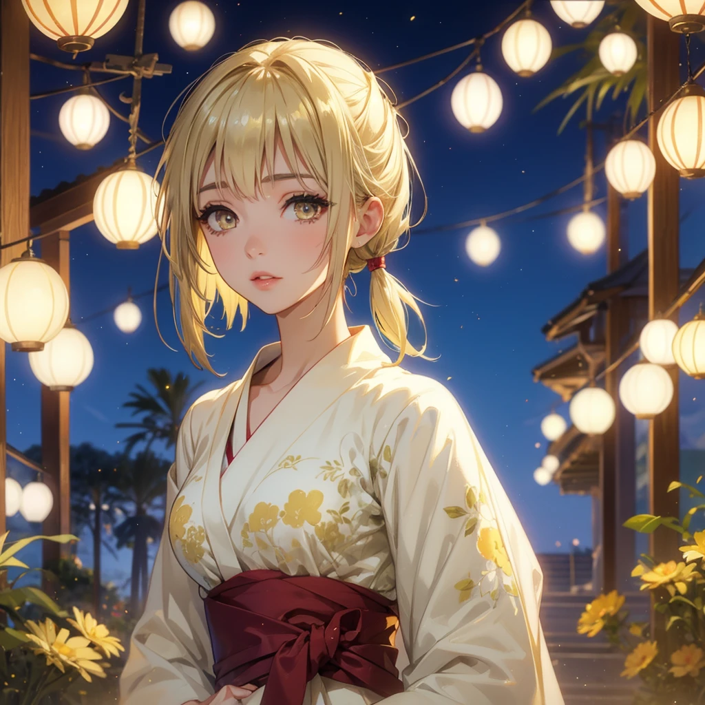 Layla , kimono night in firework , blonde hair, pigtailed haired , yellowish eyes , short hair