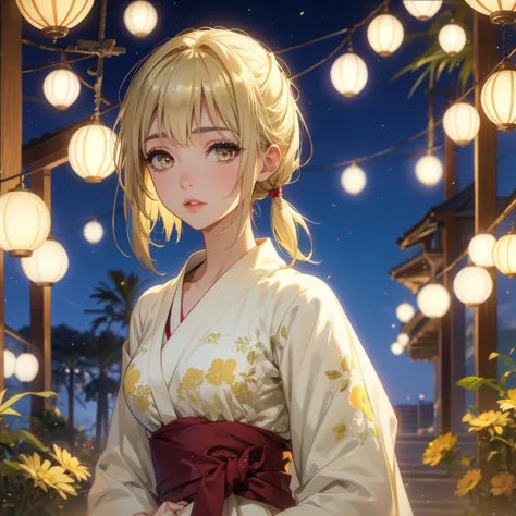 layla , kimono night in firework , blonde hair, pigtailed haired , yellowish eyes , short hair