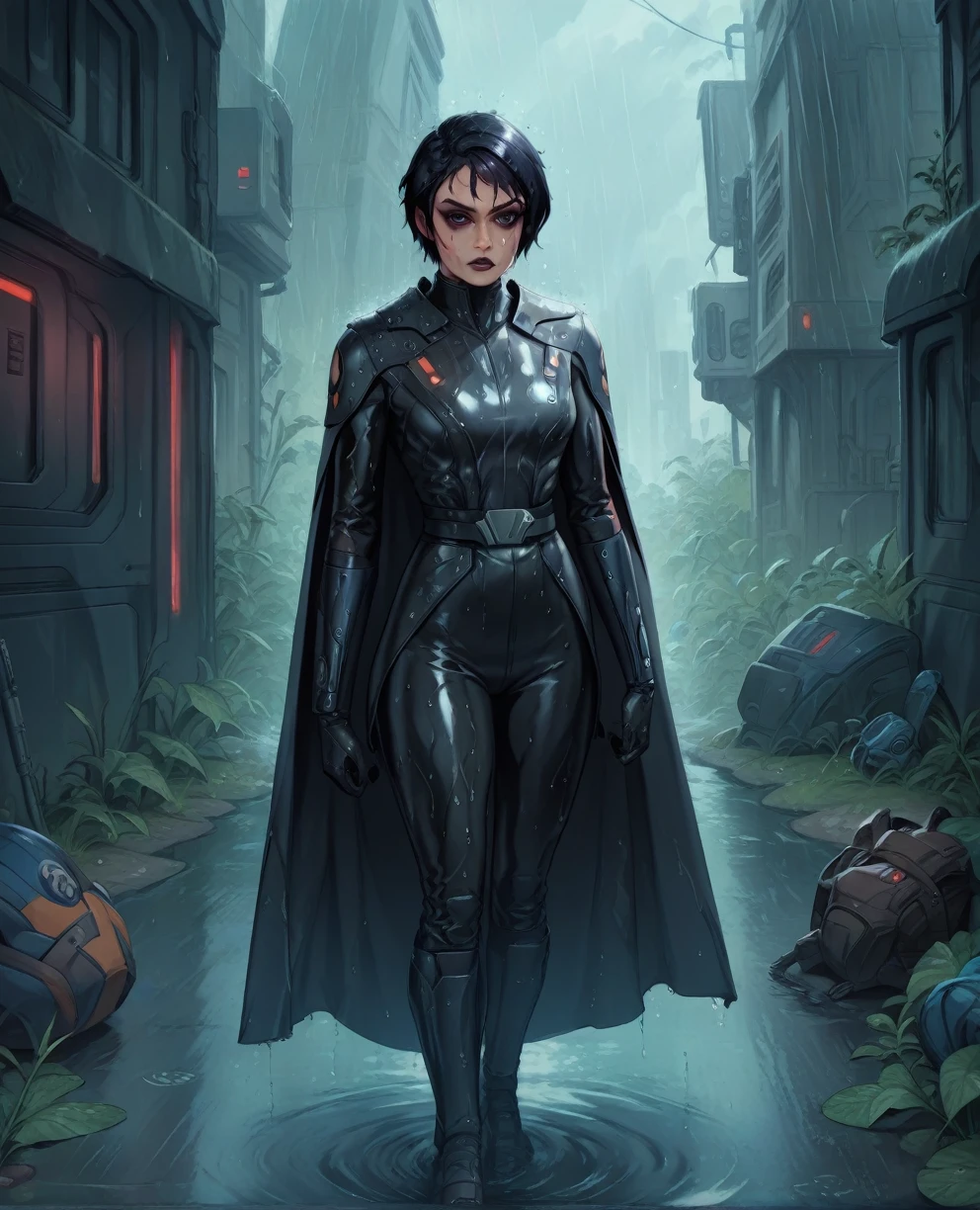 Punktzahl_9,Punktzahl_8_hoch,Punktzahl_7_hoch,Punktzahl_6_hoch, Schwarze Frau Sabine Wren ,,schwarzes Haar, Ganzkörper, wet, Rüstung,Handschuhe,schwarzer Body,schwarzer Umhang,belt,Regen, Science-Fiction,Sith-Basis, Krieg der Sterne, draußen, Regen, Allein,fflixbag wearing Rüstung sabine wren
