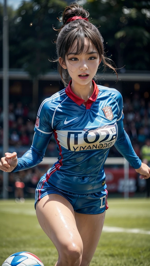 Highest quality, High resolution:1.2, Very detailed, Realistic:1.3, ((Beautiful woman))、((Super tight uniform))、((Big Breasts))、Vibrant colors, play soccer,(Blunt bangs)、((Various Hair Styles))、Different hair colors、With bangs、Wet Hair, concentrate, splash, Action Shots, Grass blotches, Muddy ground, Wet turf, decide, Fast-paced games, Athletic physique, Shiny soccer ball, Wet Uniform, raindrop, Blurred motion, ボールにconcentrateする, Intense competition, Skillful dribbling, Energetic play, Teamwork, powerful shoots, Wet pitch, Passionate sports, Fierce decide, Humid atmosphere, Fluid movement, emotional expression、Dramatic lighting, Women's Sports, Avid athletes, Exciting Games, Endure, Excited state, Speed and agility, Energetic play, 濡れたsplash、smile、((Red Uniform))