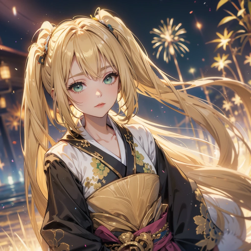 Layla , kimono night in firework , blonde hair, pigtailed haired , long hair , green eyes