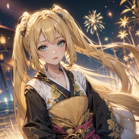 layla , kimono night in firework , blonde hair, pigtailed haired , long hair , green eyes