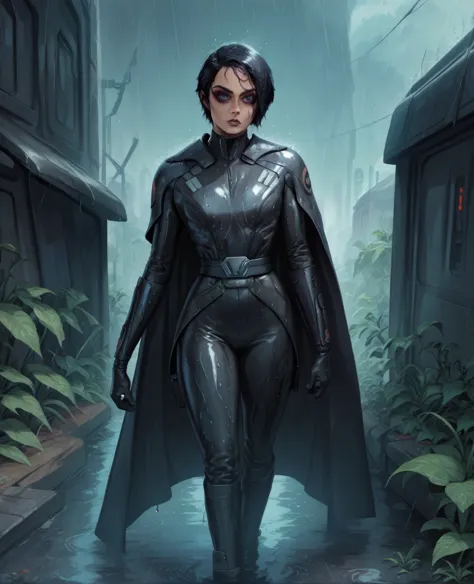 score_9,score_8_up,score_7_up,score_6_up, Black woman sabine wren ,,black hair, FULL body, wet, armor,gloves,black bodysuit,blac...