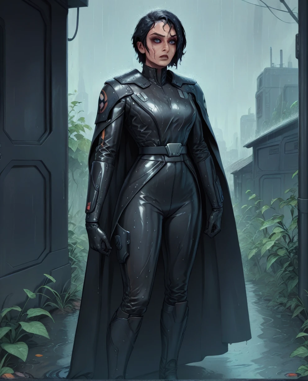 score_9,score_8_en haut,score_7_en haut,score_6_en haut, Femme noire Sabine Wren ,,cheveux noirs, tout le corps, mouillé, armure,gants,body noir,cape noire,ceinture,pluie, la science-fiction,base sith, Guerres des étoiles, En plein air, pluie, seulement,fflixbag wearing armure sabine wren
