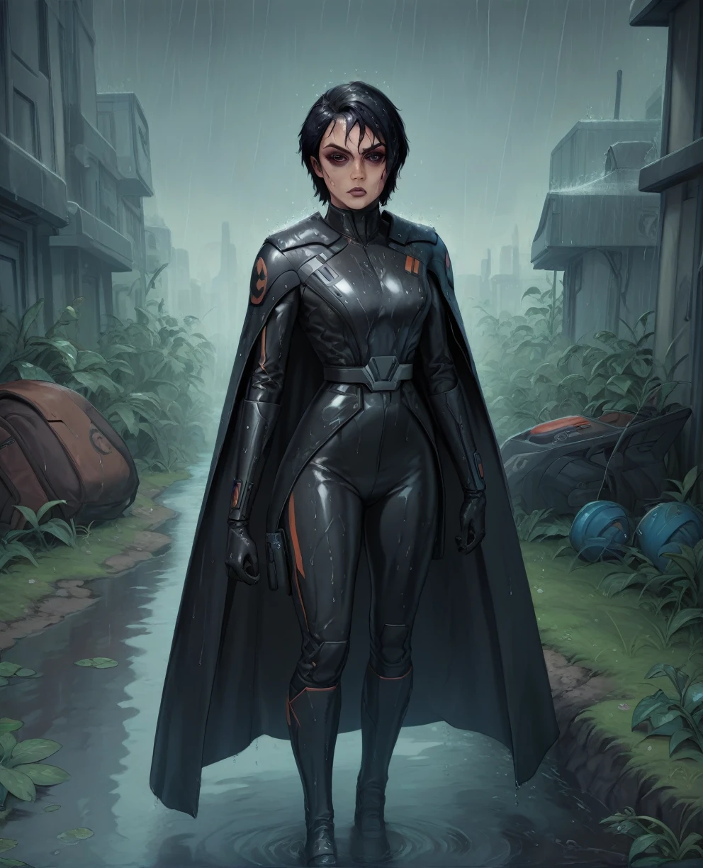 score_9,score_8_en haut,score_7_en haut,score_6_en haut, Femme noire Sabine Wren ,,cheveux noirs, tout le corps, mouillé, armure,gants,body noir,cape noire,ceinture,pluie, la science-fiction,base sith, Guerres des étoiles, En plein air, pluie, seulement,fflixbag wearing armure sabine wren
