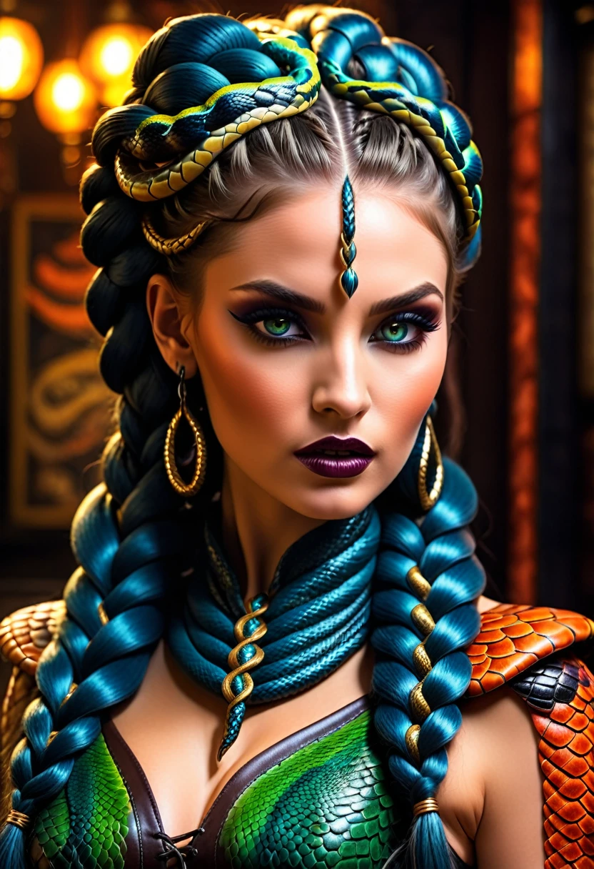 art fantastique sombre  (braids thar become serpent vivants: 1.5) D&#39;UNE BELLE FEMME, yeux reptiliens, peau pâle, avoir des tresses de serpent jumelles, ((only two braids made from serpent vivants: 1.3)) chaque tresse un serpent sort de la tête de la femme, serpent vivant, serpent sifflant,  sur la tête de la femme, elle porte une robe en cuir complexe, robe aux couleurs dynamiques,  bottes à talons hauts, fond de bar moderne,  Plage dynamique, vibrant, Ultra haute résolution, Contraste élevé, (chef-d&#39;œuvre:1.5), la plus haute qualité, Meilleure esthétique), meilleurs détails, Meilleure qualité, haute résolution, ultra grand angle, 16k, [ultra détaillé], chef-d&#39;œuvre, Meilleure qualité, (extrêmement détaillé), cheveux de serpent, sn4k3h41r, cheveux de serpent