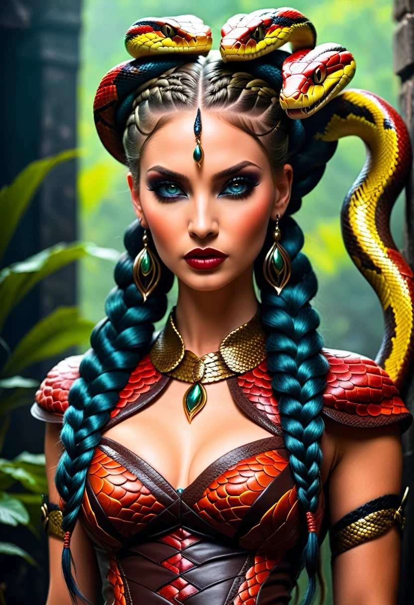 arte de fantasia sombria  (braids thar become cobra vivas: 1.5) de uma linda mulher, olhos reptilianos, pele pálida, tendo tranças de cobra gêmeas, ((only two braids made from cobra vivas: 1.3)) cada trança uma cobra saindo da cabeça da mulher, cobra viva, cobra sibilante,  na cabeça da mulher, ela usa um vestido de couro intrincado, vestido de cor dinâmica,  Botas de salto alto, fundo de bar moderno,  Faixa Dinâmica, vibrante, Resolução ultra-alta, Alto contraste, (obra de arte:1.5), mais alta qualidade, melhor estética), melhores detalhes, melhor qualidade, alta resolução, ultra grande angular, 16k, [ultra detalhado], obra de arte, melhor qualidade, (extremamente detalhado), cabelo de cobra, sn4k3h41r, cabelo de cobra