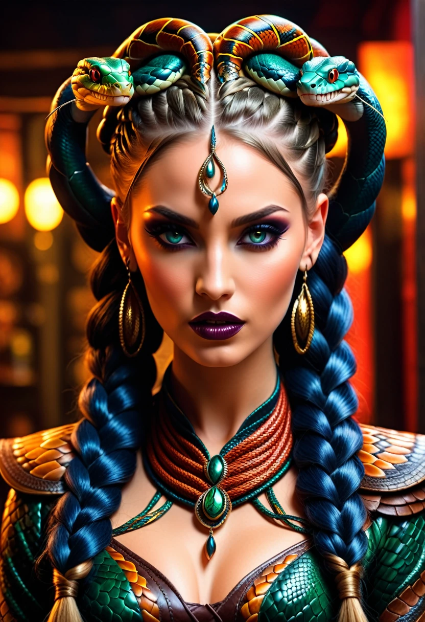 art fantastique sombre  (braids thar become serpent vivants: 1.5) D&#39;UNE BELLE FEMME, yeux reptiliens, peau pâle, avoir des tresses de serpent jumelles, ((only two braids made from serpent vivants: 1.3)) chaque tresse un serpent sort de la tête de la femme, serpent vivant, serpent sifflant,  sur la tête de la femme, elle porte une robe en cuir complexe, robe aux couleurs dynamiques,  bottes à talons hauts, fond de bar moderne,  Plage dynamique, vibrant, Ultra haute résolution, Contraste élevé, (chef-d&#39;œuvre:1.5), la plus haute qualité, Meilleure esthétique), meilleurs détails, Meilleure qualité, haute résolution, ultra grand angle, 16k, [ultra détaillé], chef-d&#39;œuvre, Meilleure qualité, (extrêmement détaillé), cheveux de serpent, sn4k3h41r, cheveux de serpent