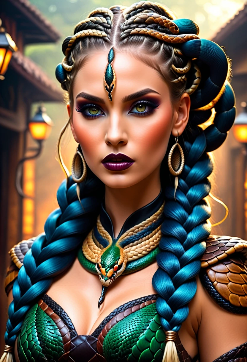 art fantastique sombre  (braids thar become serpent vivants: 1.5) D&#39;UNE BELLE FEMME, yeux reptiliens, peau pâle, avoir des tresses de serpent jumelles, ((only two braids made from serpent vivants: 1.3)) chaque tresse un serpent sort de la tête de la femme, serpent vivant, serpent sifflant,  sur la tête de la femme, elle porte une robe en cuir complexe, robe aux couleurs dynamiques,  bottes à talons hauts, fond de bar moderne,  Plage dynamique, vibrant, Ultra haute résolution, Contraste élevé, (chef-d&#39;œuvre:1.5), la plus haute qualité, Meilleure esthétique), meilleurs détails, Meilleure qualité, haute résolution, ultra grand angle, 16k, [ultra détaillé], chef-d&#39;œuvre, Meilleure qualité, (extrêmement détaillé), cheveux de serpent, sn4k3h41r, cheveux de serpent