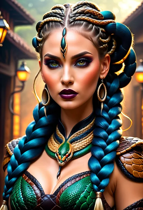 dark fantasy art  (braids thar become living snakes: 1.5) of a beautiful woman, reptilian eyes, pale skin, having twin snake bra...