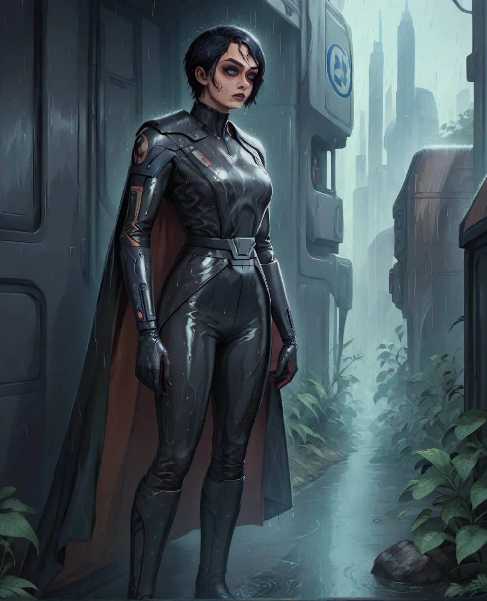 score_9,score_8_up,score_7_up,score_6_up, Black woman sabine wren ,,black hair, FULL body, wet, armor,gloves,black bodysuit,black cape,belt,rain, science fiction,sith base, star wars, outdoors, rain, solo,fflixbag wearing armor sabine wren
