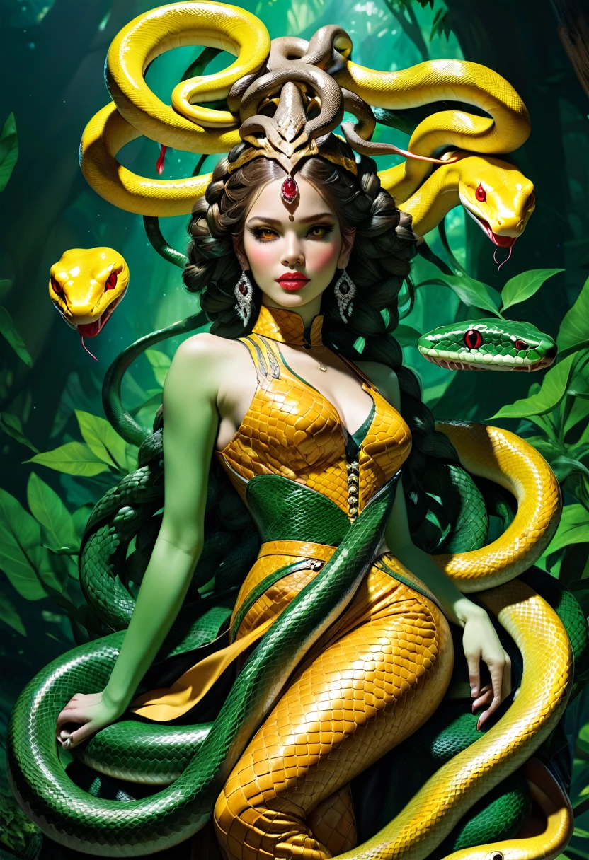 arte de fantasia sombria  (braids thar become cobra vivas: 1.5) de uma linda mulher, olhos reptilianos, pele pálida, tendo tranças de cobra gêmeas, ((only two braids made from cobra vivas: 1.3)) cada trança uma cobra saindo da cabeça da mulher, cobra viva, cobra sibilante,  na cabeça da mulher, ela usa um vestido de couro intrincado, vestido de cor dinâmica,  Botas de salto alto, fundo de bar moderno,  Faixa Dinâmica, vibrante, Resolução ultra-alta, Alto contraste, (obra de arte:1.5), mais alta qualidade, melhor estética), melhores detalhes, melhor qualidade, alta resolução, ultra grande angular, 16k, [ultra detalhado], obra de arte, melhor qualidade, (extremamente detalhado), cabelo de cobra, sn4k3h41r, cabelo de cobra