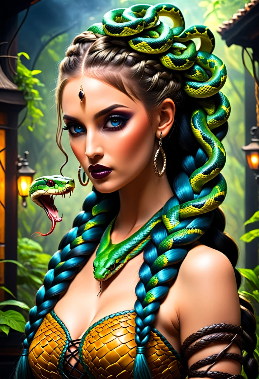 dark fantasy art  (braids thar become living snakes: 1.5) of a beautiful woman, reptilian eyes, pale skin, having twin snake braids, ((only two braids made from living snakes: 1.3)) each braid a snake coming out the woman's head, living snake, hissing snake,  on the woman's  head, she wears intricate leather dress, dynamic color dress,  thigh high heeled boots, modern bar background,  dynamic range, vibrant, Ultra-high resolution, High Contrast, (masterpiece:1.5), highest quality, Best aesthetics), best details, best quality, highres, ultra wide angle, 16k, [ultra detailed], masterpiece, best quality, (extremely detailed), snake hair, sn4k3h41r, snake hair, Dark Art Painting Style