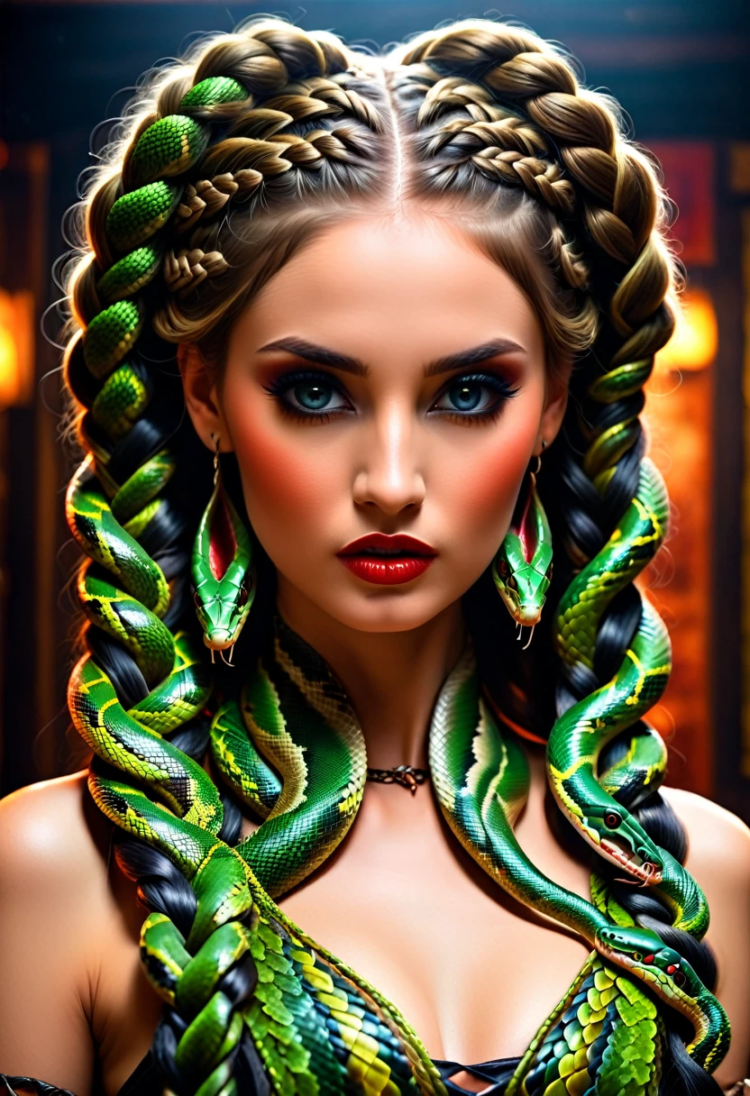 arte de fantasia sombria  (braids thar become cobra vivas: 1.5) de uma linda mulher, olhos reptilianos, pele pálida, tendo tranças de cobra gêmeas, ((only two braids made from cobra vivas: 1.3)) cada trança uma cobra saindo da cabeça da mulher, cobra viva, cobra sibilante,  na cabeça da mulher, ela usa um vestido de couro intrincado, vestido de cor dinâmica,  Botas de salto alto, fundo de bar moderno,  Faixa Dinâmica, vibrante, Resolução ultra-alta, Alto contraste, (obra de arte:1.5), mais alta qualidade, melhor estética), melhores detalhes, melhor qualidade, alta resolução, ultra grande angular, 16k, [ultra detalhado], obra de arte, melhor qualidade, (extremamente detalhado), cabelo de cobra, sn4k3h41r, cabelo de cobra, Estilo de pintura de arte escura