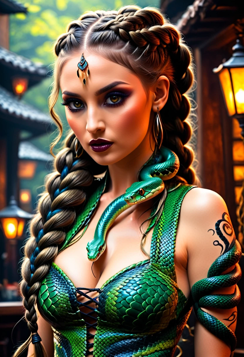 arte de fantasia sombria  (braids thar become cobra vivas: 1.5) de uma linda mulher, olhos reptilianos, pele pálida, tendo tranças de cobra gêmeas, ((only two braids made from cobra vivas: 1.3)) cada trança uma cobra saindo da cabeça da mulher, cobra viva, cobra sibilante,  na cabeça da mulher, ela usa um vestido de couro intrincado, vestido de cor dinâmica,  Botas de salto alto, fundo de bar moderno,  Faixa Dinâmica, vibrante, Resolução ultra-alta, Alto contraste, (obra de arte:1.5), mais alta qualidade, melhor estética), melhores detalhes, melhor qualidade, alta resolução, ultra grande angular, 16k, [ultra detalhado], obra de arte, melhor qualidade, (extremamente detalhado), cabelo de cobra, sn4k3h41r, cabelo de cobra, Estilo de pintura de arte escura