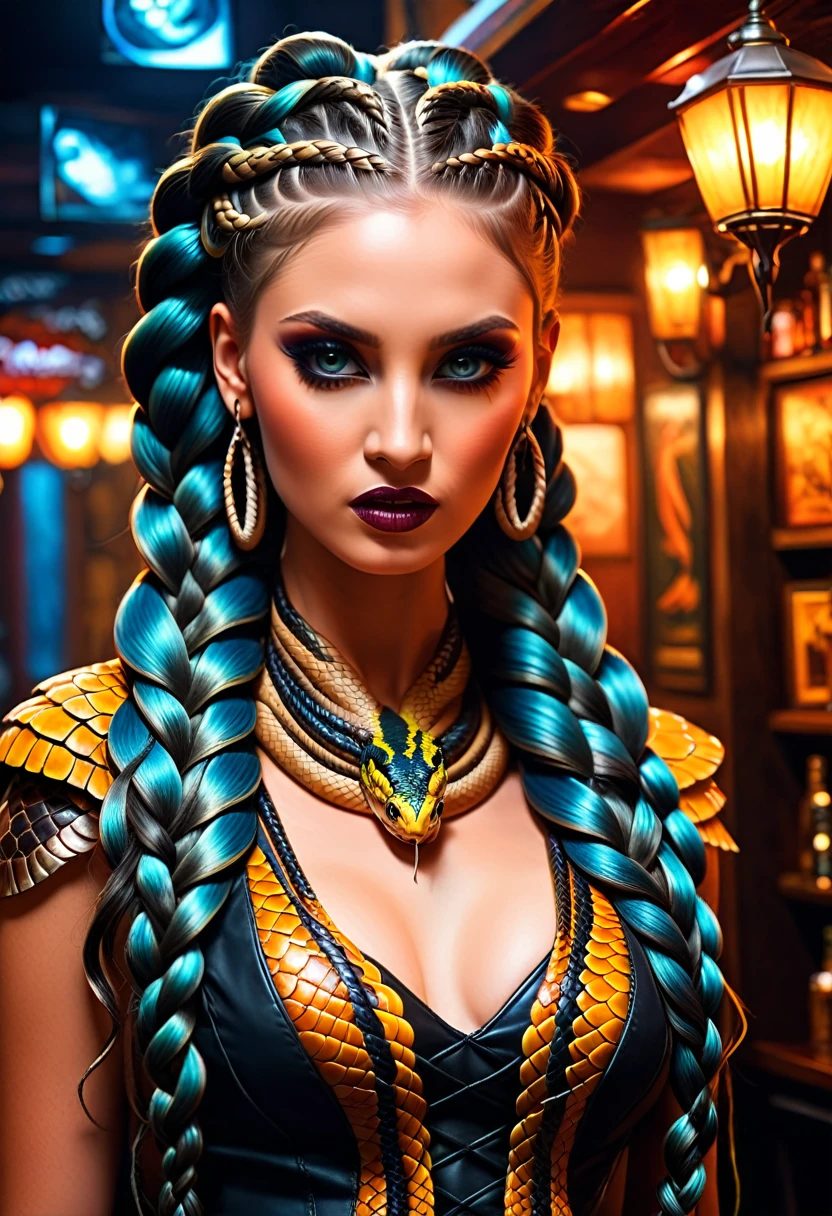 темное фэнтези искусство  (braids thar become живая змеяs: 1.5) красивой женщины, глаза рептилии, бледная кожа, иметь две змеиные косы, ((only two braids made from живая змеяs: 1.3)) каждая заплетка змеи выходит из головы женщины, живая змея, шипящая змея,  на голове женщины, она носит замысловатое кожаное платье, динамичное цветное платье,  сапоги на высоком каблуке до бедра, современный бар фон,  Динамический диапазон, яркий, Сверхвысокое разрешение, высокий контраст, (шедевр:1.5), высшее качество, Лучшая эстетика), лучшие детали, Лучшее качество, Высокое разрешение, ультра широкий угол, 16 тыс., [Ультра подробный], шедевр, Лучшее качество, (чрезвычайно подробный), змеиные волосы, sn4k3h41r, змеиные волосы, Темный стиль живописи
