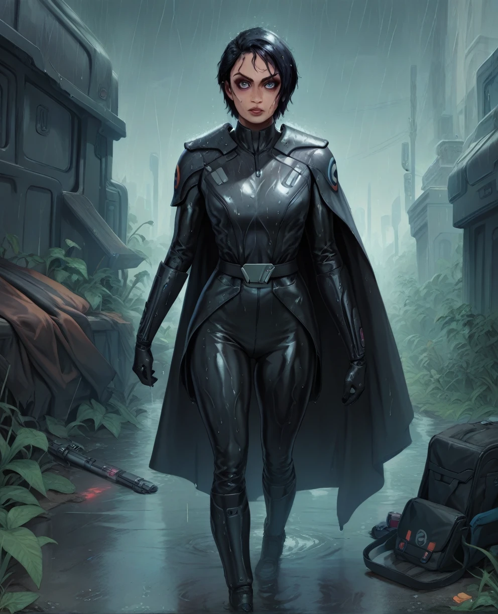 score_9,score_8_en haut,score_7_en haut,score_6_en haut, Femme noire Sabine Wren ,,cheveux noirs, tout le corps, mouillé, armure,gants,body noir,cape noire,ceinture,pluie, la science-fiction,base sith, Guerres des étoiles, En plein air, pluie, seulement,fflixbag wearing armure sabine wren
