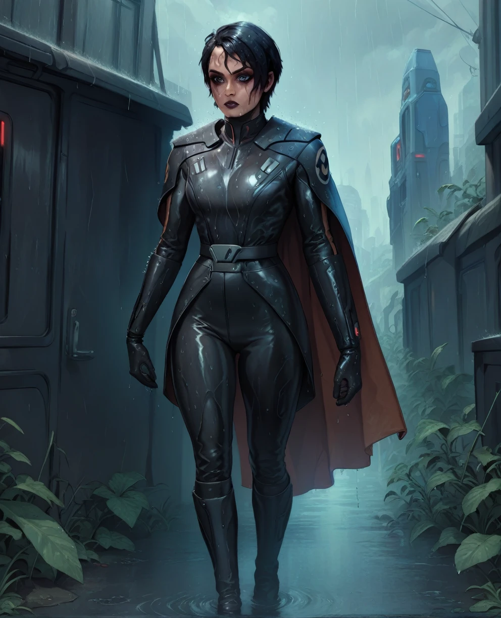 score_9,score_8_up,score_7_up,score_6_up, Black woman sabine wren ,,black hair, FULL body, wet, armor,gloves,black bodysuit,black cape,belt,rain, science fiction,sith base, star wars, outdoors, rain, solo,fflixbag wearing armor sabine wren
