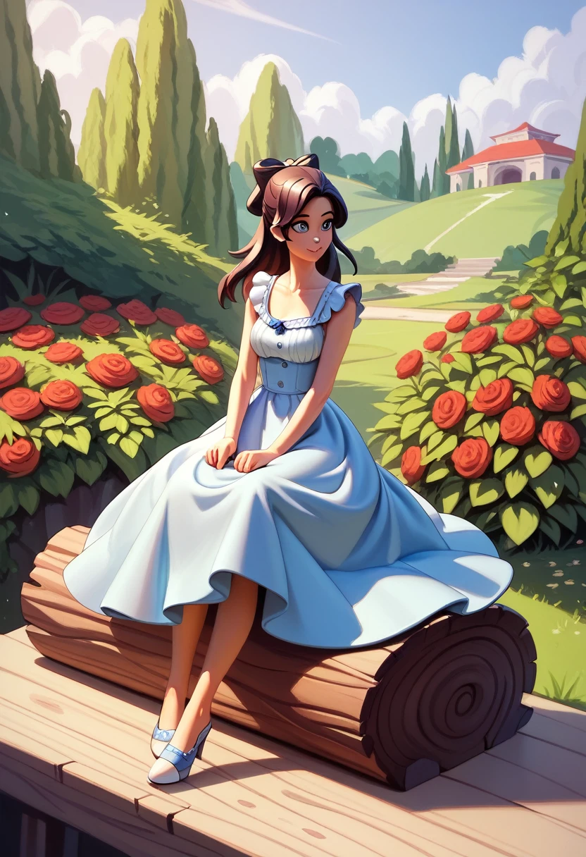 Girl In The Garden, (8K, Highest quality, masterpiece:1.2), Very detailed, Super detailed, Master Class, Highest quality, figure,Sitting on a log,View your viewers,Sundress 