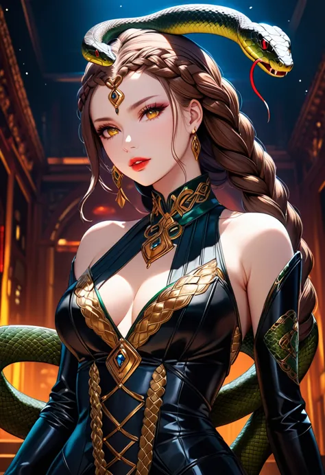 dark fantasy art  (braids thar become living snakes: 1.5) of a beautiful woman, reptilian eyes, pale skin, having twin snake bra...