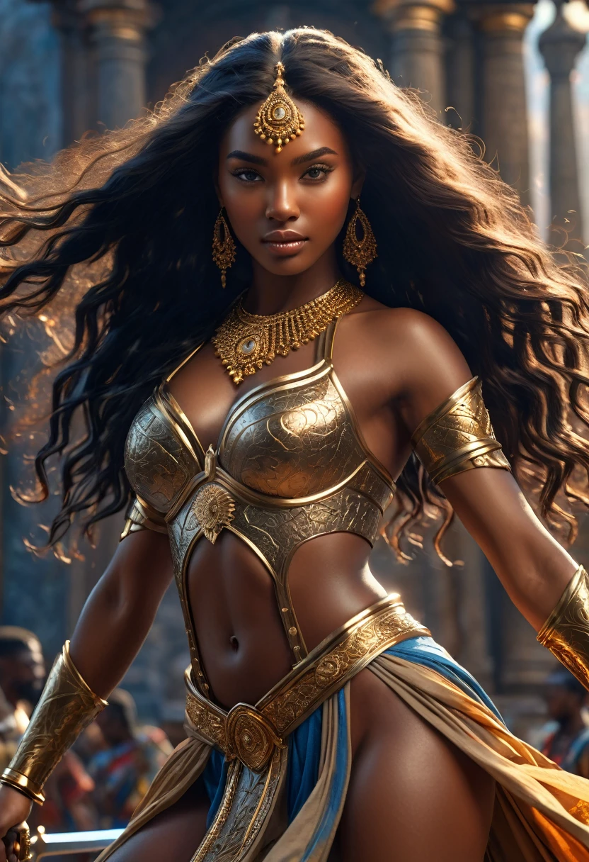 Novel in ancient kingdom of Ashanti, a beautiful young darkskin woman with (((a long black hair young queen))) with (((a young european king with bright skin and light brown hair))), fighting with luminous swords and lances, (((very beautiful))), perfect faces, whole body, romantic scene, romantic Way, sexy couple, 8K, extremely detailed, (high quality, realistic, photorealistic: 1.37), Full body, ideal proportions and defined complexion, meticulously crafted features, unreachable beauty, perfection, artistic masterpieces, vivid realism, hyper-detailed sculptures, war, chaotic scene, life-like forms, truly awe-inspiring, impeccable craftsmanship, pure radiance, ethereal beauty, delicate contours, striking poses, sublime beauty, subtle nuances, dynamic compositions, vibrant colors, perfect lighting, soulful expressions, celestial aura, majestic presence, dreamlike atmosphere, unmatched gdetailed octane render trending on artstation, 8 k artistic photography, photorealistic concept art, soft natural volumetric cinematic perfect light, chiaroscuro, award - winning photograph, masterpiece, oil on canvas, beautiful detailed intricate insanely
