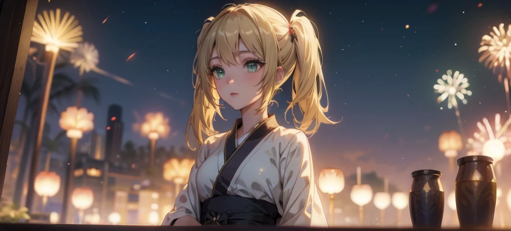 Layla , kimono night in firework , blonde hair, pigtailed haired , long hair , green eyes